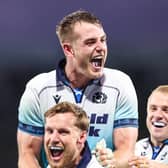 Scotland's Stafford McDowall, top, celebrates with Rory Hutchinson and Arron Reed after the win over the Maori All Blacks.