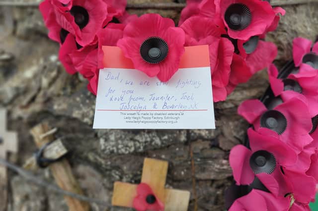 A wreath left by Joel Hornby, whose father Major Anthony Hornby was one of the victims of the RAF 1994 Chinook helicopter crash in 1994 on the Mull of Kintyre, during a visit to the memorial cairn
