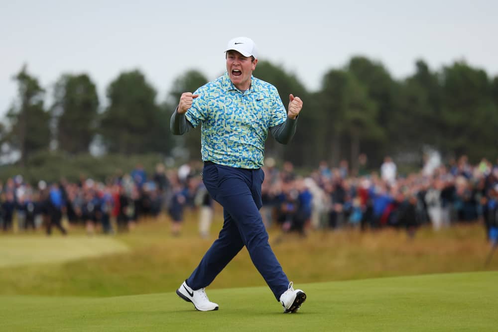 Bob MacIntyre roars with delight after holing the winning putt in last year’s Genesis Scottish Open at The Renaissance Club