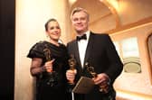 Christopher Nolan and Emma Thomas backstage after an award-filled night at the Oscars last year (Picture:  Al Seib/Ampas)