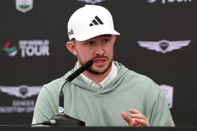 Connor Syme talks to the media during a press conference prior to the Genesis Scottish Open  at The Renaissance Club 