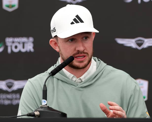 Connor Syme talks to the media during a press conference prior to the Genesis Scottish Open  at The Renaissance Club 