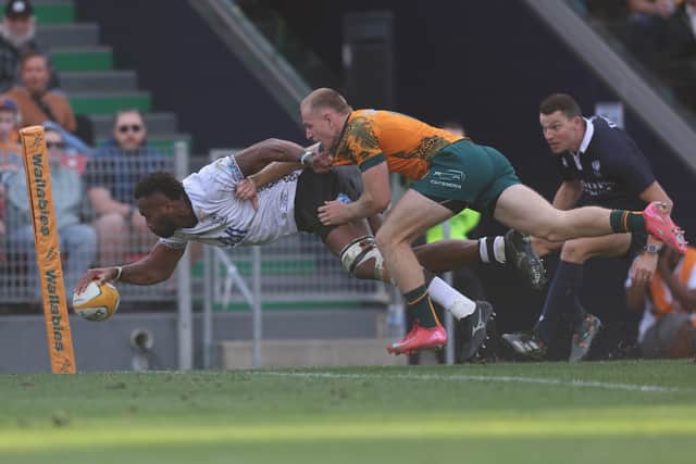 Lekima Tagitagivalu scores a try for Fiji against Australia in the 22-18 defeat in Newcastle, New South Wales on Sunday.