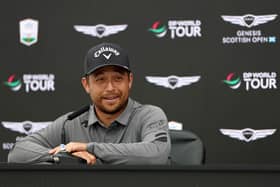 Xander Schauffele talks to the media during a press conference prior to the Genesis Scottish Open The Renaissance Club 
