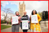 Maya Forstater, of Sex Matters, right, with other gender critical campaigners outside the Houses of Parliament (Picture: James Manning)