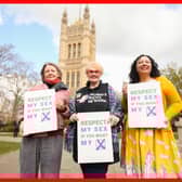 Maya Forstater, of Sex Matters, right, with other gender critical campaigners outside the Houses of Parliament (Picture: James Manning)