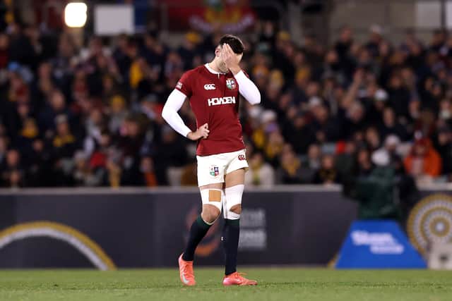 Blair Kinghorn can't hide his dejection after picking up an injury while playing for the Lions.