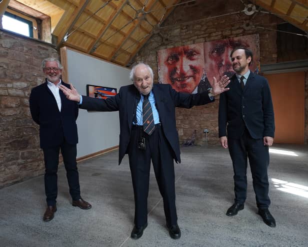 Richard Demarco at Papple Steadings with director George Mackintosh and Daniel Muzyczuk, director of Museum Sztuki