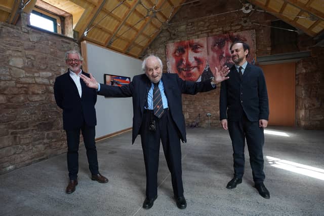 Richard Demarco at Papple Steadings with director George Mackintosh and Daniel Muzyczuk, director of Museum Sztuki