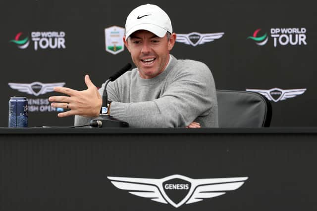 Rory McIlroy talks to the media during a press conference prior to the Genesis Scottish Open at The Renaissance Club