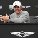 Rory McIlroy talks to the media during a press conference prior to the Genesis Scottish Open at The Renaissance Club 