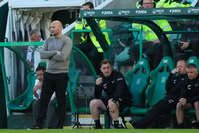 Hibs head coach David Gray watches his player during the win over Rot-Weiss Essen.