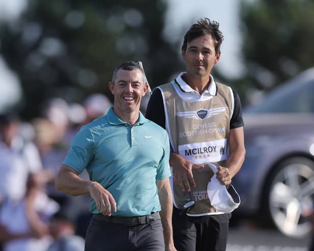 Sporting a new haircut, Rory McIlroy was all smiles after finishing birdie-birdie-birdie in the first round of the Genesis Scottish Open The Renaissance Club 