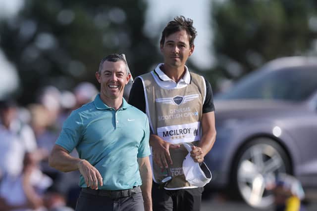 Sporting a new haircut, Rory McIlroy was all smiles after finishing birdie-birdie-birdie in the first round of the Genesis Scottish Open The Renaissance Club