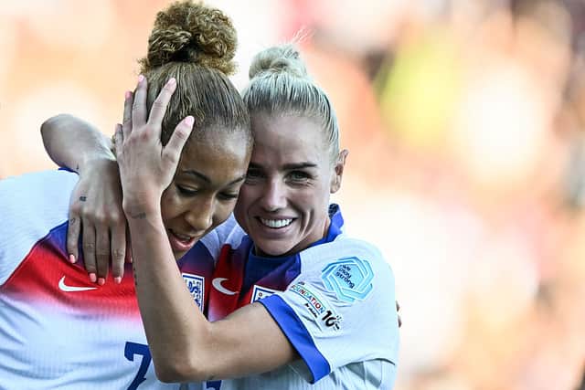 Lauren James and Alex Greenwood celebrate England's 4-0 demolition of the Netherlands. Cr: Getty Images.