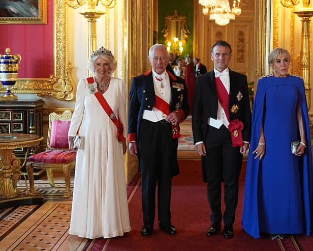 Queen Camilla, King Charles III, French President Emmanuel Macron and his wife Brigitte Macron arrive for the State Banquet at Windsor Castle last week (Picture: Aaron Chown/pool)