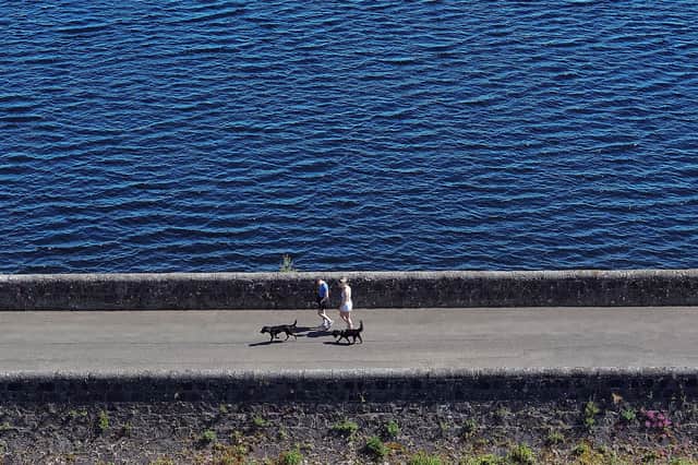 People walk their dogs beside the Mugdock reservoir near Milngavie (Picture: Jeff J Mitchell)