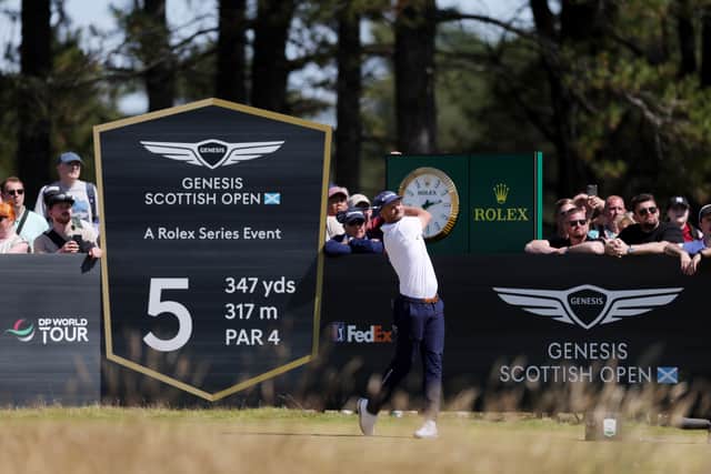  Wyndham Clark  tees off on the fifth hole on day three of the Genesis Scottish Open at The Renaissance Club 