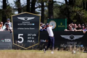 Wyndham Clark tees off on the fifth hole on day three of the Genesis Scottish Open at The Renaissance Club 