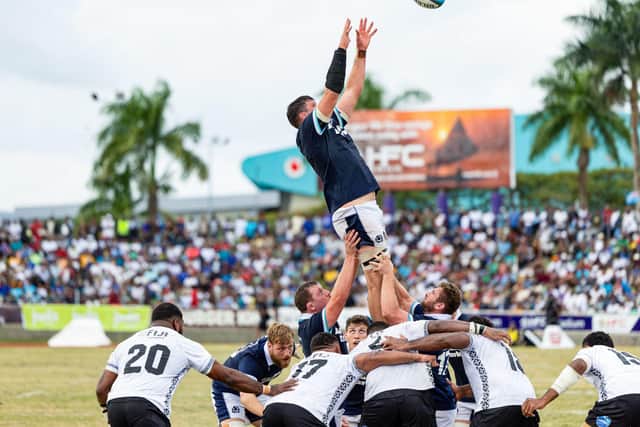 Grant Gilchrist leaps highest to claim lineout ball for Scotland in the loss to Fiji in Suva.