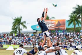 Grant Gilchrist leaps highest to claim lineout ball for Scotland in the loss to Fiji in Suva.