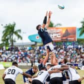 Grant Gilchrist leaps highest to claim lineout ball for Scotland in the loss to Fiji in Suva.