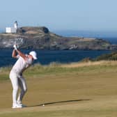 Rory McIlroy plays his second shot on the 13th hole on day three of the Genesis Scottish Open at The Renaissance Club 