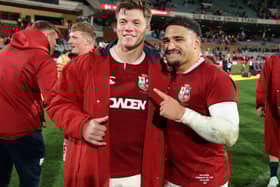 Huw Jones and Sione Tuipulotu after the British & Irish Lions' win over the Invitational AU & NZ XV at the Adelaide Oval.