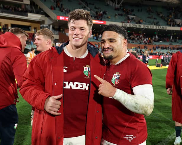 Huw Jones and Sione Tuipulotu after the British & Irish Lions' win over the Invitational AU & NZ XV at the Adelaide Oval.
