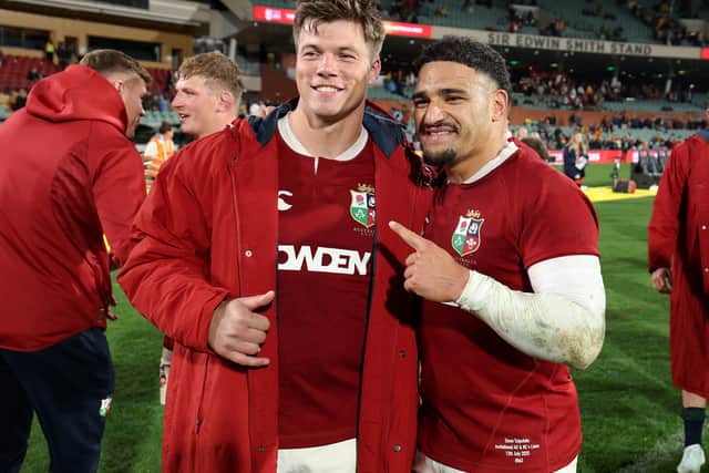 Huw Jones and Sione Tuipulotu after the British & Irish Lions' win over the Invitational AU & NZ XV at the Adelaide Oval.
