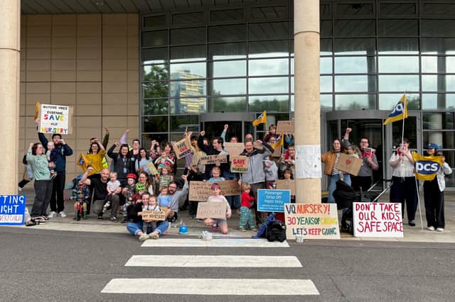 Nursery children joined the protest outside the Victoria Quay building as staff arrived for work
