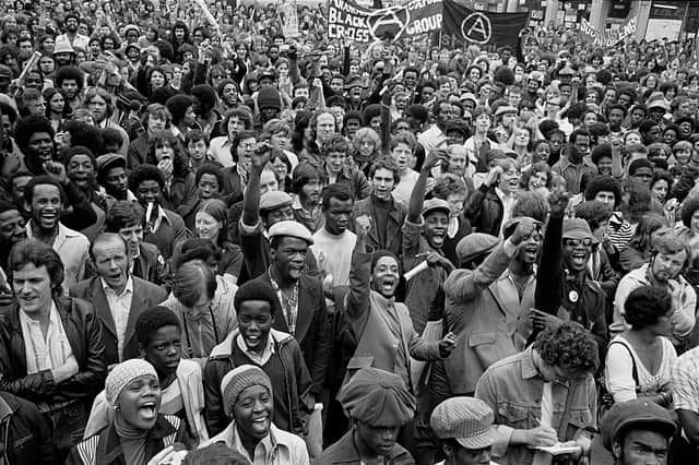 Anti racists gather to block route of National Front demonstration, New Cross Road, London, August 1977, by Paul Trevor
