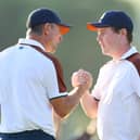 Justin Rose and Bob  MacIntyre celebrate during the Saturday afternoon fourball matches in the 2023 Ryder Cup at Marco Simone Golf Club in Rome