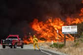 Firefighters retreat as an unseasonal wildfire rages in northwest Los Angeles county in January (Picture: Apu Gomes)