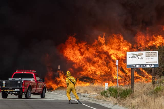 Firefighters retreat as an unseasonal wildfire rages in northwest Los Angeles county in January (Picture: Apu Gomes)