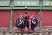 MC Puppet Paul and Can Can dancers, Amy Espie and Amber Dollin ahead of the Moulin Rouge event at the Barras Market.