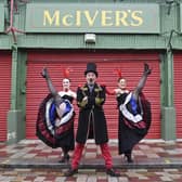 MC Puppet Paul and Can Can dancers, Amy Espie and Amber Dollin ahead of the Moulin Rouge event at the Barras Market.