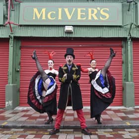 MC Puppet Paul and Can Can dancers, Amy Espie and Amber Dollin ahead of the Moulin Rouge event at the Barras Market.