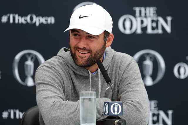 World No 1 Scottie Scheffler speaks to the media during a press conference prior to The 153rd Open at Royal Portrush 