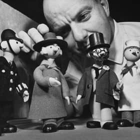 Windy Miller, second left, with PC McGarry, Dr Mopp and Mickey Murphy during the filming of Camberwick Green in 1965 (Picture: Keystone/Hulton Archive)