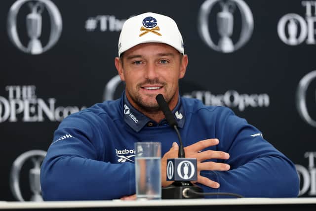 Bryson DeChambeau speaks to the media during a press conference prior to The 153rd Open Championship at Royal Portrush 