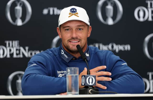 Bryson DeChambeau speaks to the media during a press conference prior to The 153rd Open Championship at Royal Portrush