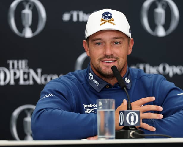 Bryson DeChambeau speaks to the media during a press conference prior to The 153rd Open Championship at Royal Portrush 