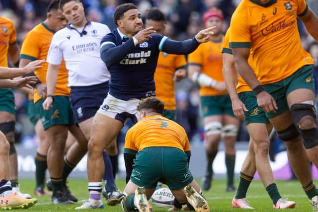 Sione Tuipulotu celebrates his try for Scotland against Australia at Murrayfield in November.
