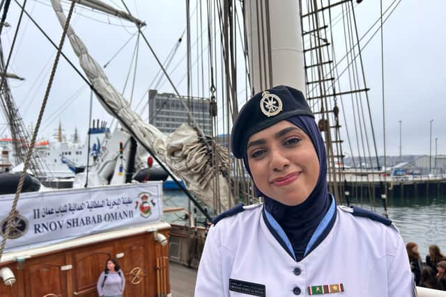 Mazoon Hamad, crew member of the Shabab Oman II, which is owned by the Sultan of Oman and used for naval training.