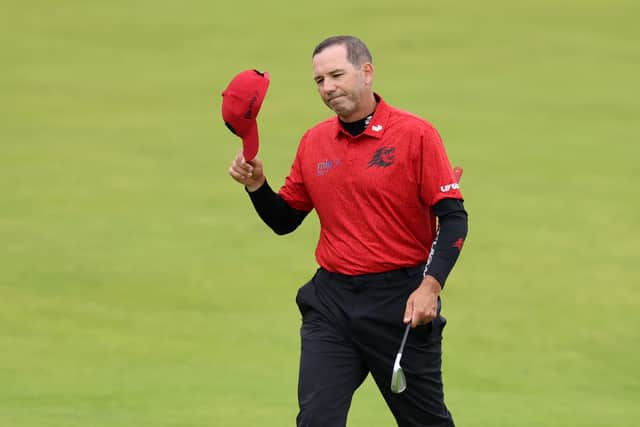 Sergio Garcia of Spain acknowledges the crowd on the 18th at Royal Portrush 