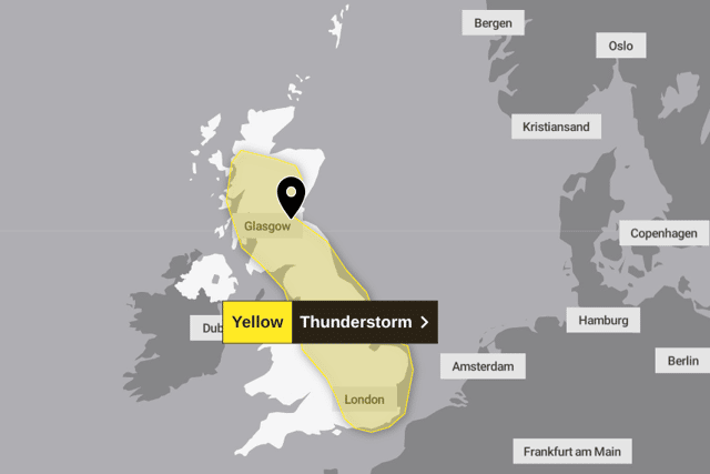 The yellow warning for thunderstorms covers a huge swathe of the country.;