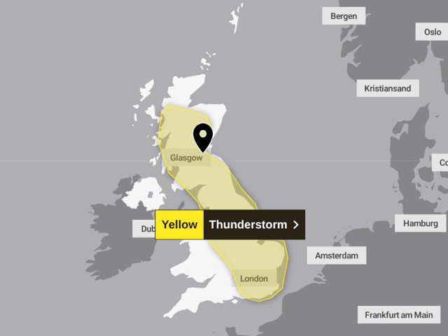 The Monday yellow warning for thunderstorms covers a huge swathe of the country