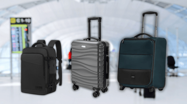 From left: Yankony underseat backpack, AVIO Wave 55cm hard shell cabin suitcase, and Antler Soft Stripe underseat case – all compliant with Ryanair baggage rules.