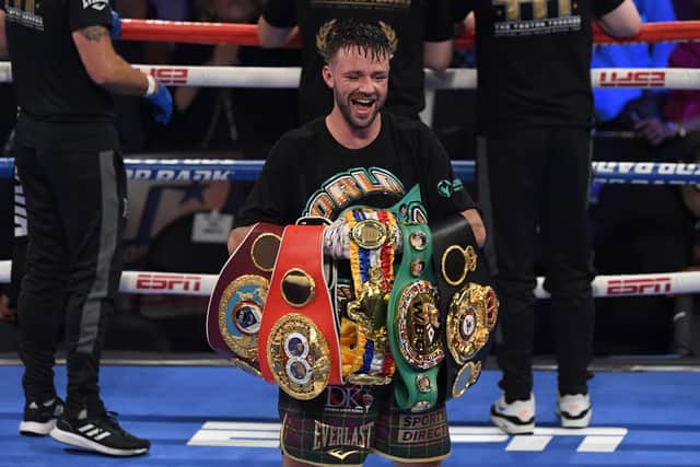 Josh Taylor reacts after his win by unanimous decision over Jose Ramirez in Las Vegas in May 2021. (Photo by David Becker/Getty Images)